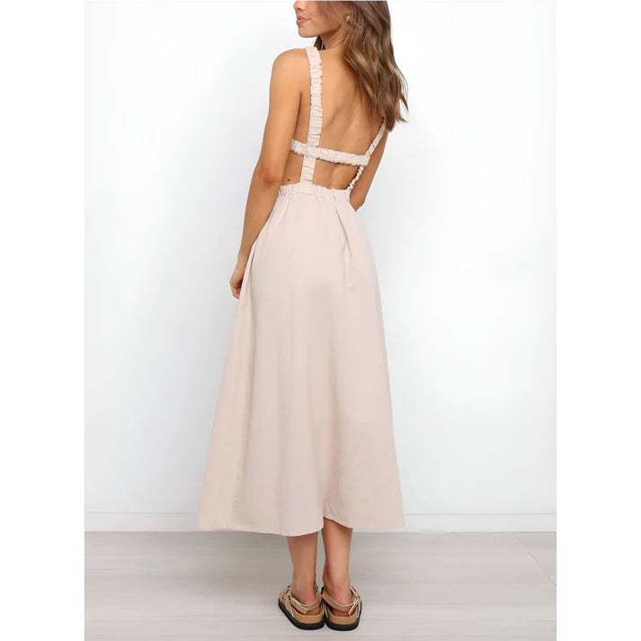 Model wearing Nellie Maxi Dress – relaxed empire waist summer maxi dress with a loose silhouette by Vespera The Label.