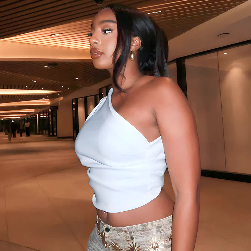 Model wearing Bailey Top – high-stretch everyday casual cropped top by Vespera The Label.