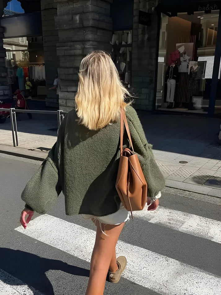 Model wearing Barley Sweater – fitted winter womens sweater with tailored cut and soft stretch, by Vespera The Label