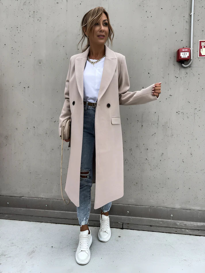 Model wearing Rocel Jacket – loose fit polyester women’s winter jacket in solid minimalist style by Vespera The Label