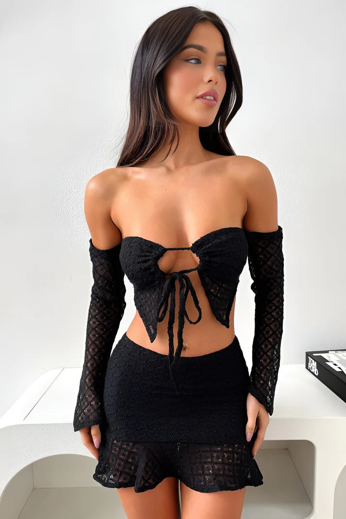 Model wearing Anya Set – fitted crop top and above-knee floral skirt two piece set by Vespera The Label