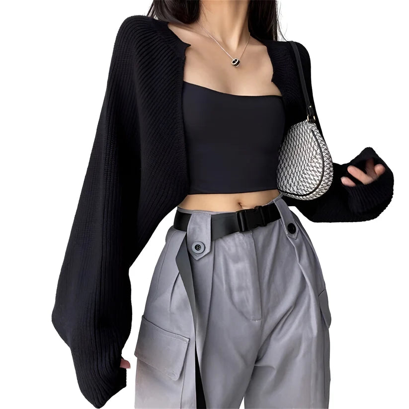 Model wearing Czarina Jacket Top – cropped layering stretch jacket top in mercerized cotton by Vespera The Label.