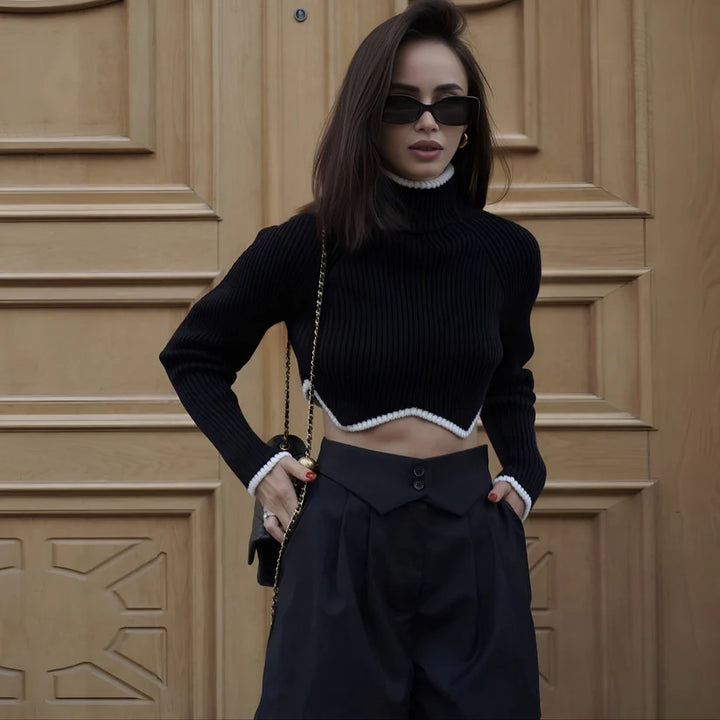 Model wearing Dhalia Long Sleeve Top – basic winter layering top in cozy synthetic fabric by Vespera The Label.