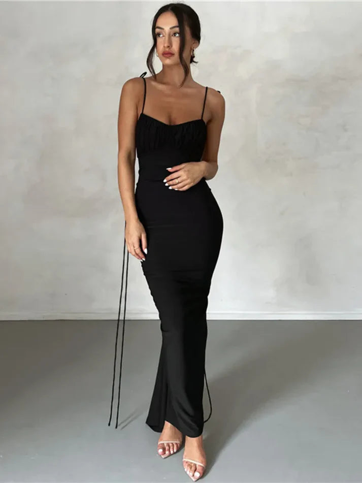 Model wearing Elli Maxi Dress – sleek stretch sheath summer maxi dress by Vespera The Label.