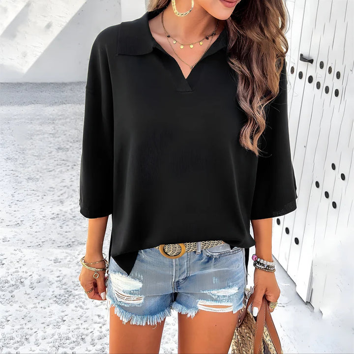 Model wearing Elmira Top – relaxed summer top for women in lightweight microfiber by Vespera  The Label.