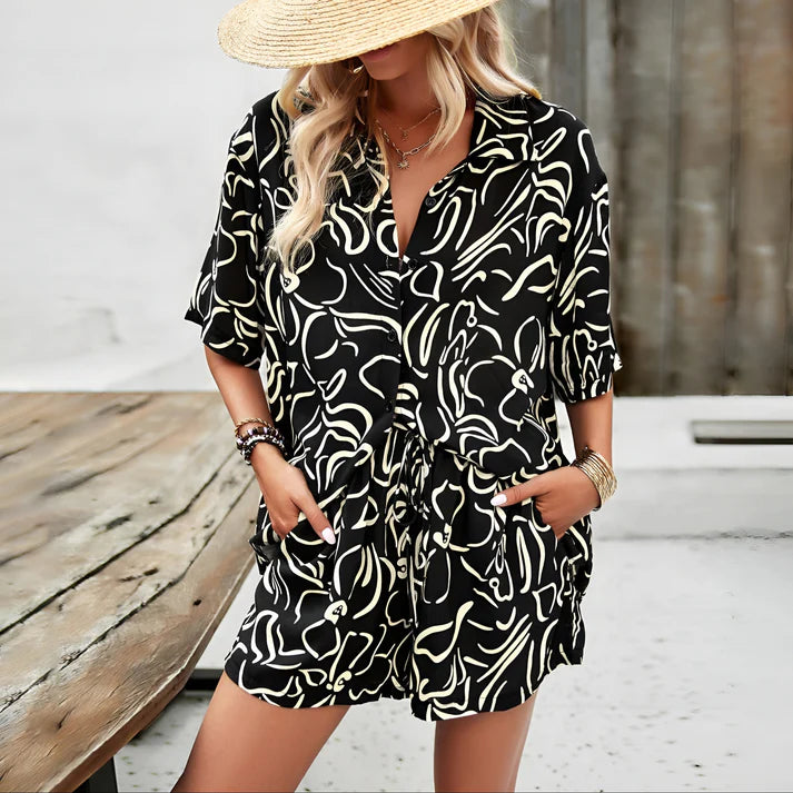 Model wearing Ferri Set – patchwork drawstring pant and retro top matching set, styled for casual summer comfort, by Vespera The Label