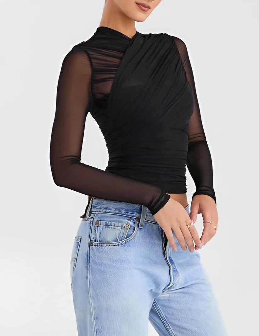 Model wearing Mia Top – fitted chiffon stretch crop for club styling by Vespera The Label.