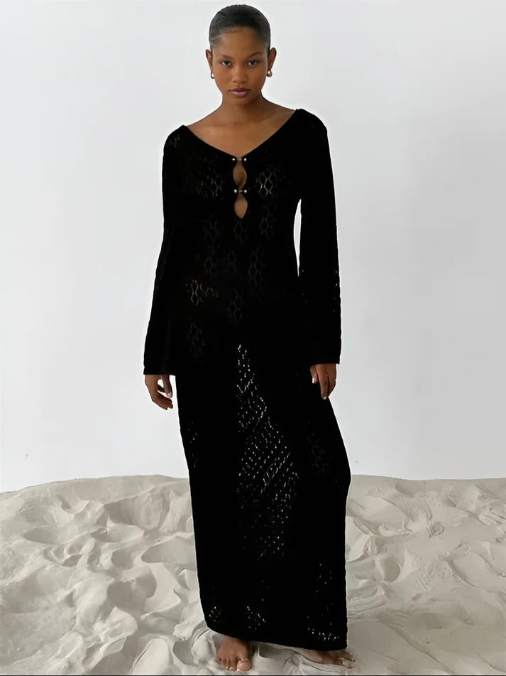 Model wearing Taliah Maxi Dress – patchwork high-stretch winter maxi with flowing silhouette by Vespera The Label.