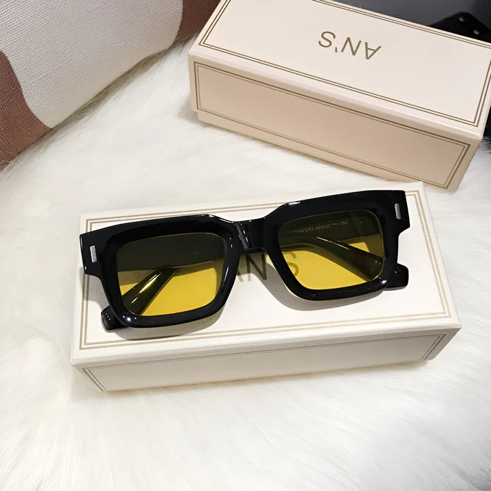 Model wearing Lexie Rectangular Sunglasses – bold cat-eye inspired UV400 fashion sunglasses with plastic frame and acrylic lenses by Vespera The Label