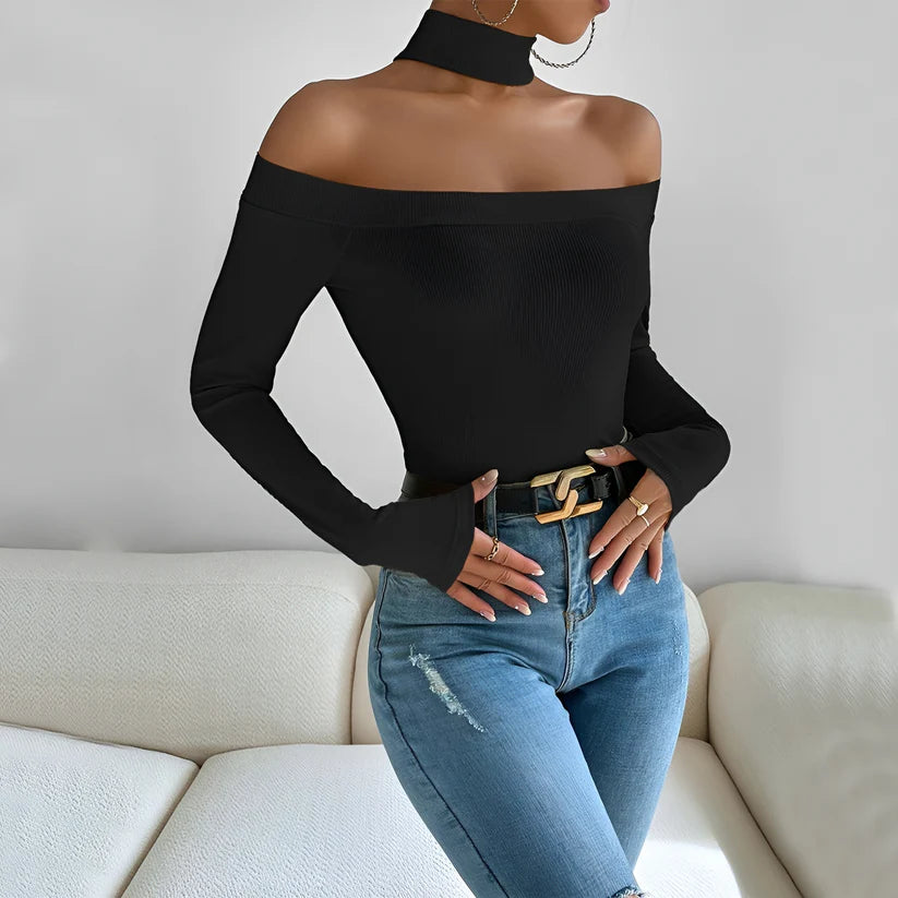 Model wearing Yui Top – slim structured knit top for cooler seasons by Vespera The Label.