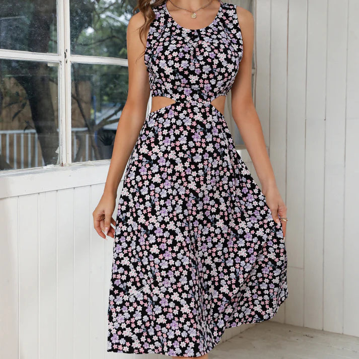 Model wearing Bena Midi Dress – relaxed fit summer midi dress with high stretch comfort by Vespera The Label.