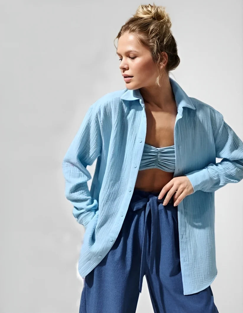 Model wearing Lilia Long Sleeve Top – relaxed cotton long sleeve top in soft natural fabric by Vespera The Label.