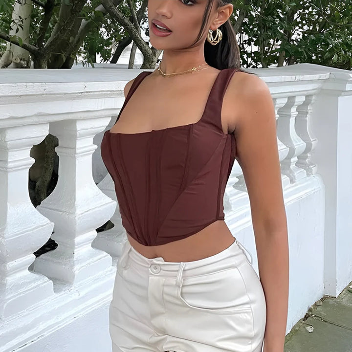 Model wearing Riley Top – slim streetwear summer crop top with medium stretch by Vespera The Label.