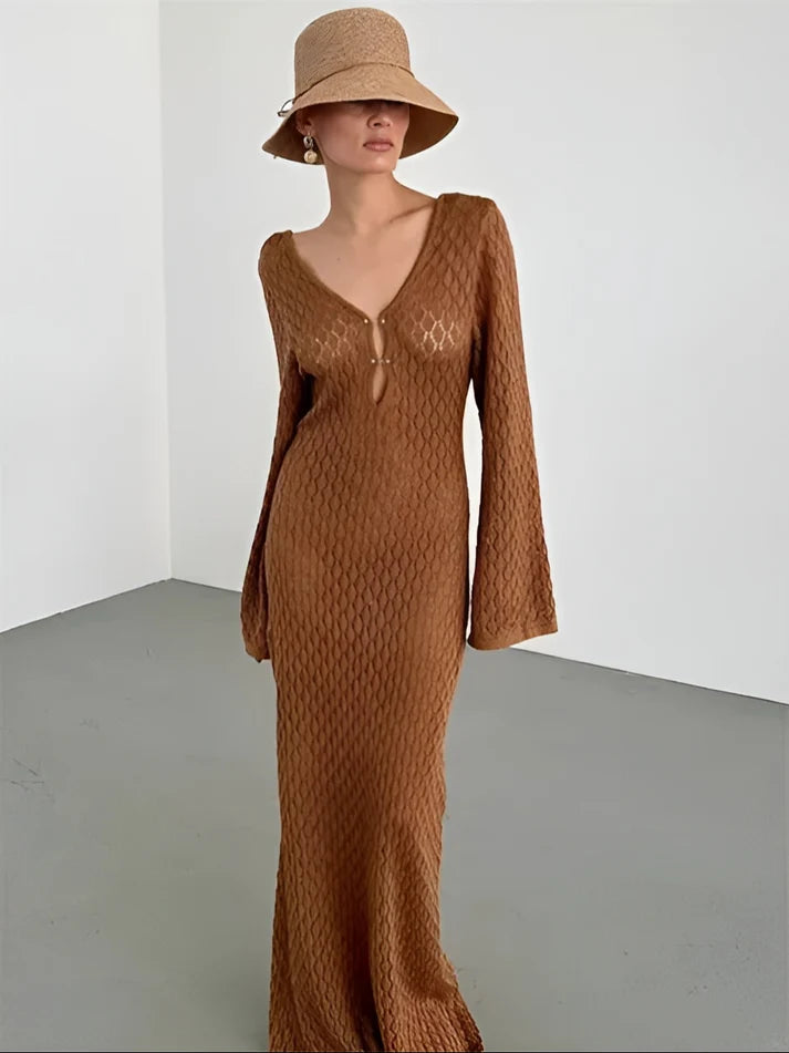 Model wearing Taliah Maxi Dress – patchwork high-stretch winter maxi with flowing silhouette by Vespera The Label.