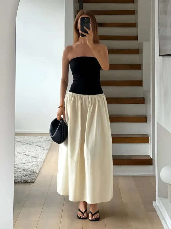 Model wearing Burkley Skirt – ankle-length patchwork A-line party skirt, by Vespera The Label