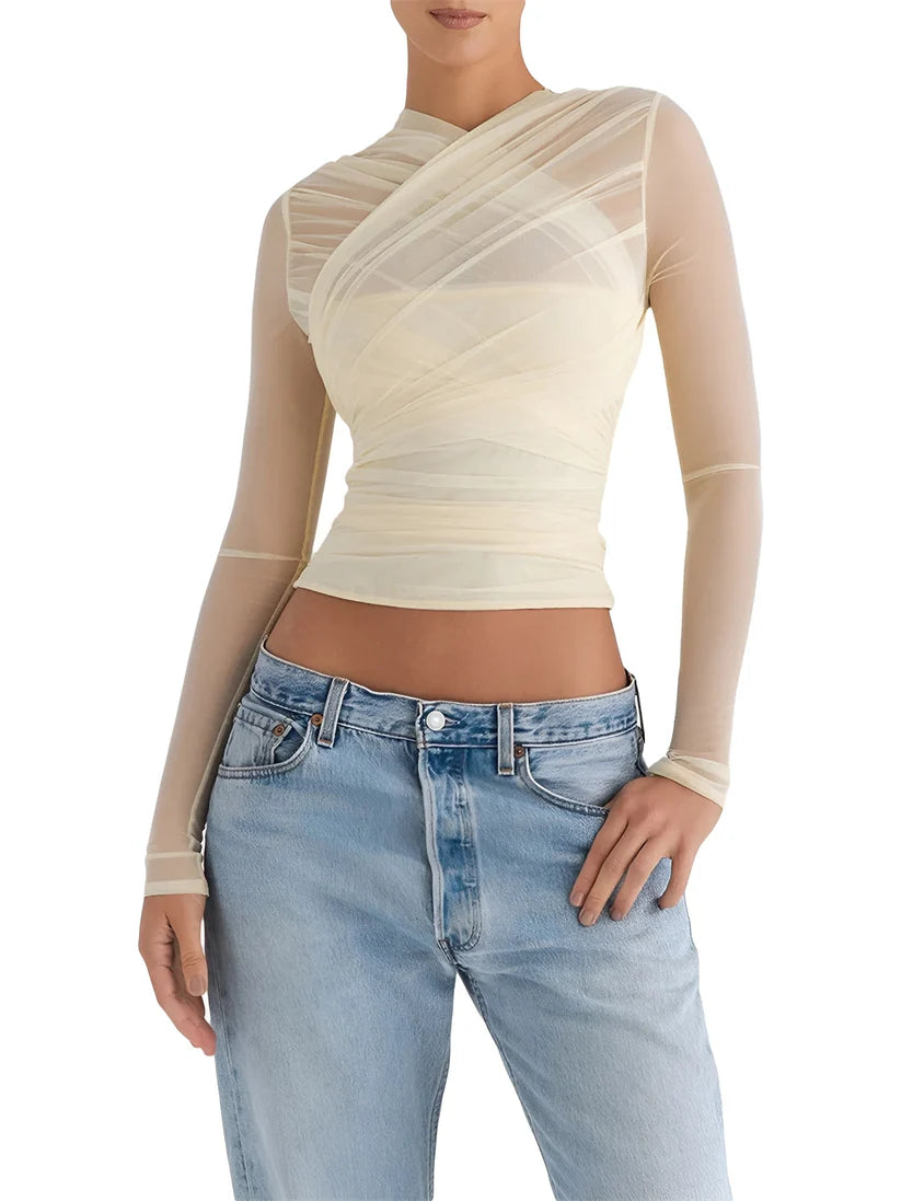 Model wearing Mia Top – fitted chiffon stretch crop for club styling by Vespera The Label.