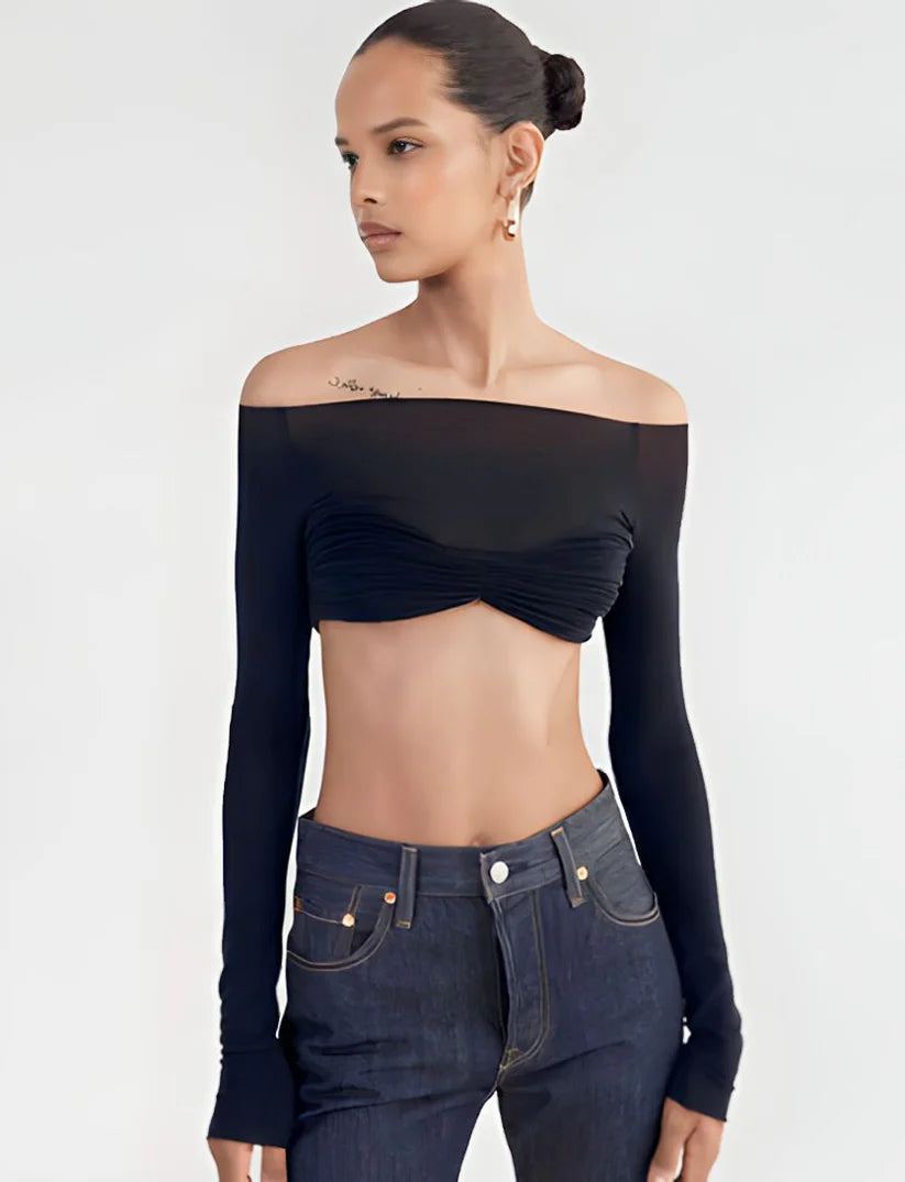 Model wearing Darlene Top – vintage-inspired slim fit printed crop top by Vespera The Label.