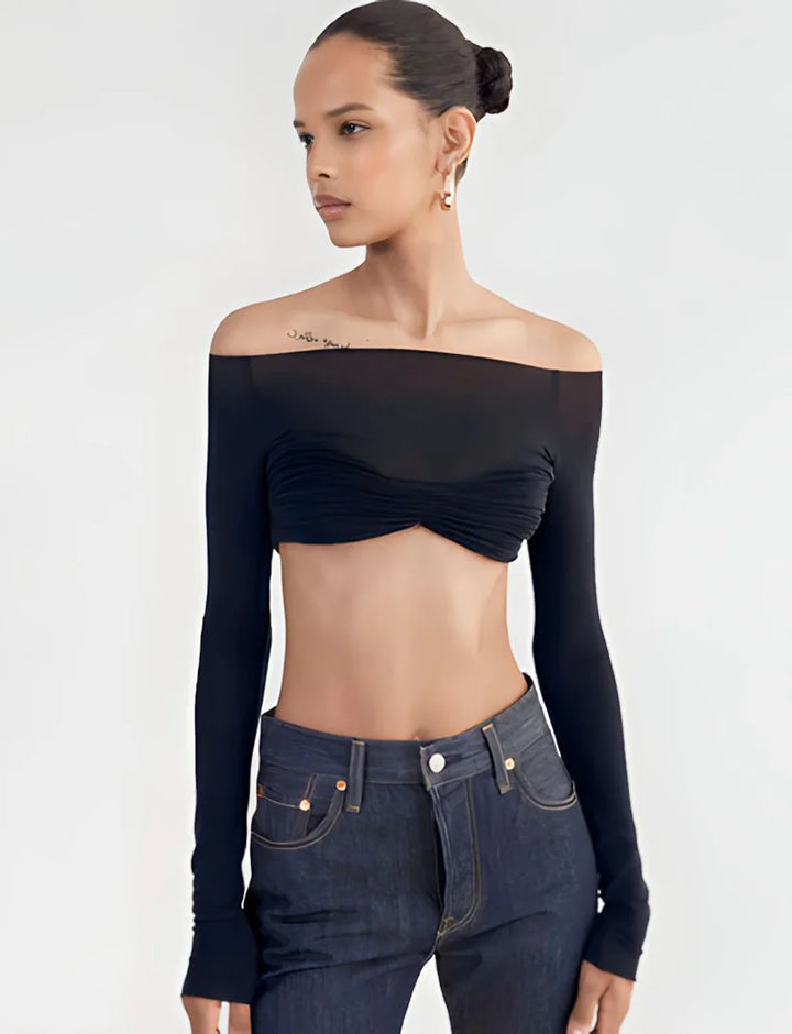 Model wearing Darlene Top – vintage-inspired slim fit printed crop top by Vespera The Label.