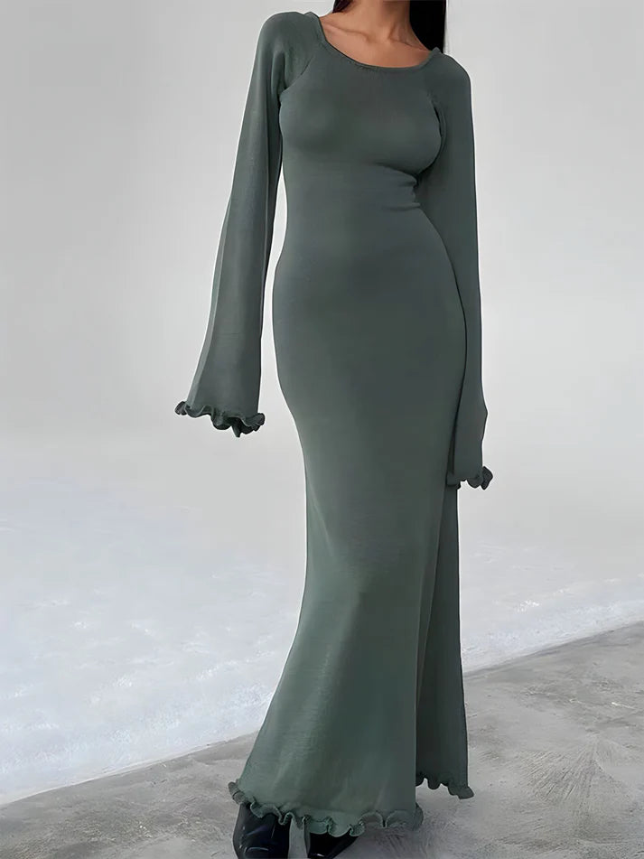 Model wearing Evelyn Maxi Dress – slim street-style ankle-length sheath dress by Vespera The Label.