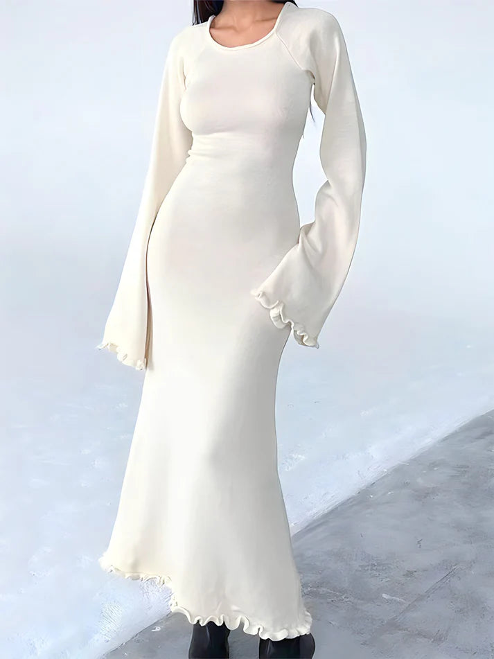 Model wearing Evelyn Maxi Dress – slim street-style ankle-length sheath dress by Vespera The Label.
