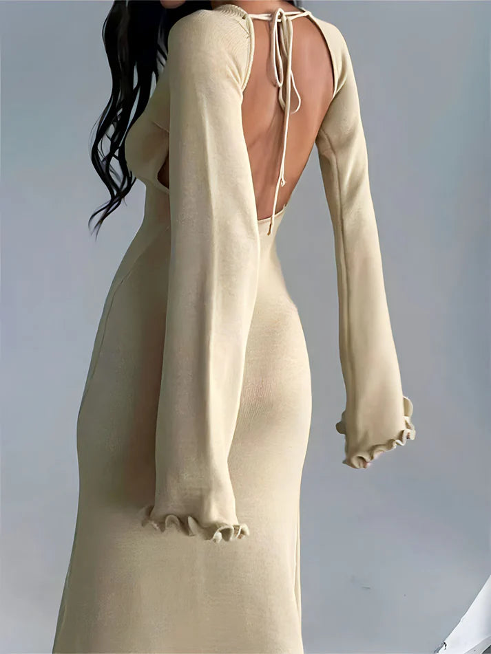 Model wearing Evelyn Maxi Dress – slim street-style ankle-length sheath dress by Vespera The Label.