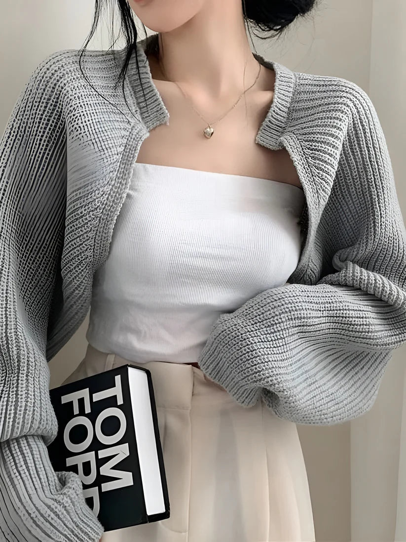 Model wearing Czarina Jacket Top – cropped layering stretch jacket top in mercerized cotton by Vespera The Label.