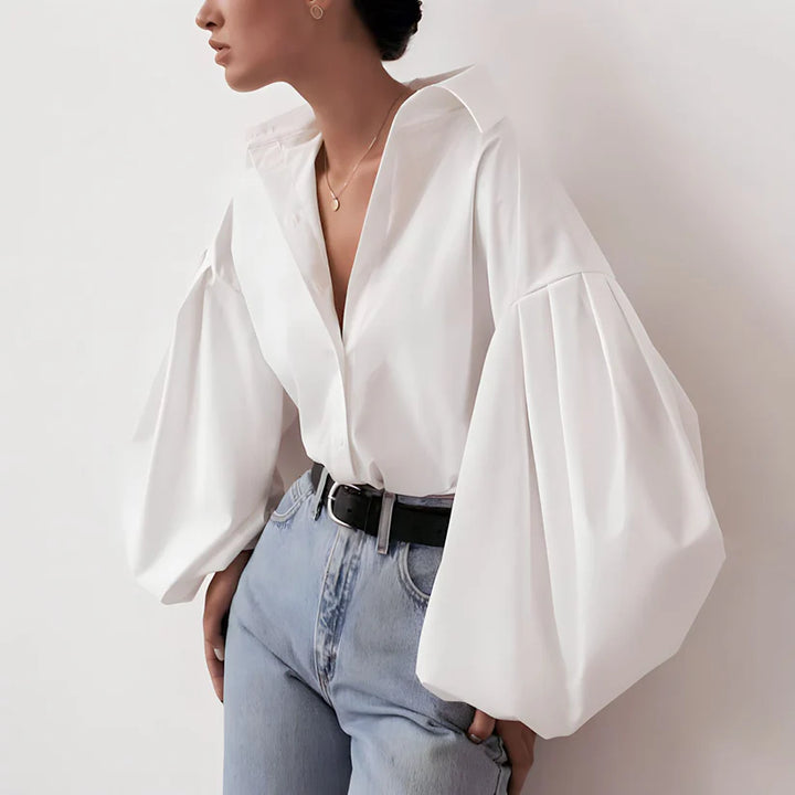 Model wearing Grayz Top – relaxed loose fit polyester blend casual top for summer by Vespera The Label.