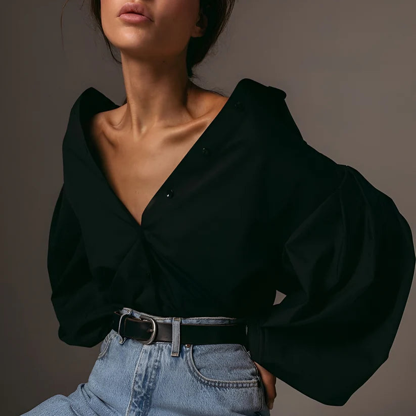 Model wearing Grayz Top – relaxed loose fit polyester blend casual top for summer by Vespera The Label.