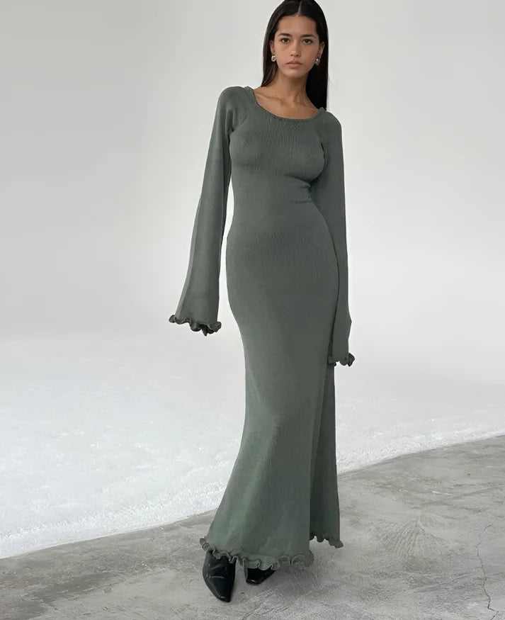 Model wearing Evelyn Maxi Dress – slim street-style ankle-length sheath dress by Vespera The Label.