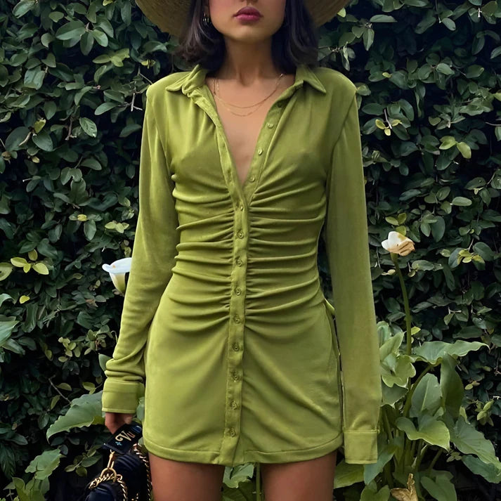 Model wearing Harper Long Sleeve Mini Dress – stretchy sexy sheath mini with empire waist by Vespera The Label.