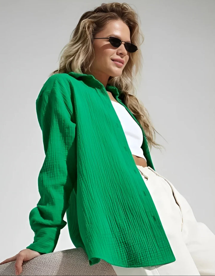 Model wearing Lilia Long Sleeve Top – relaxed cotton long sleeve top in soft natural fabric by Vespera The Label.