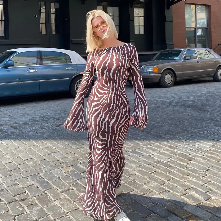 Model wearing Guinne Maxi Dress – straight-cut velvet unisex maxi with plush texture by Vespera The Label.