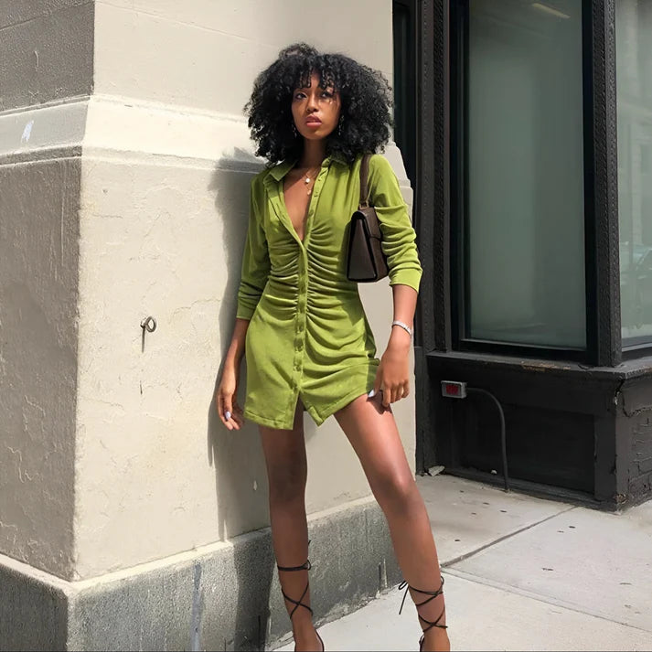 Model wearing Harper Long Sleeve Mini Dress – stretchy sexy sheath mini with empire waist by Vespera The Label.