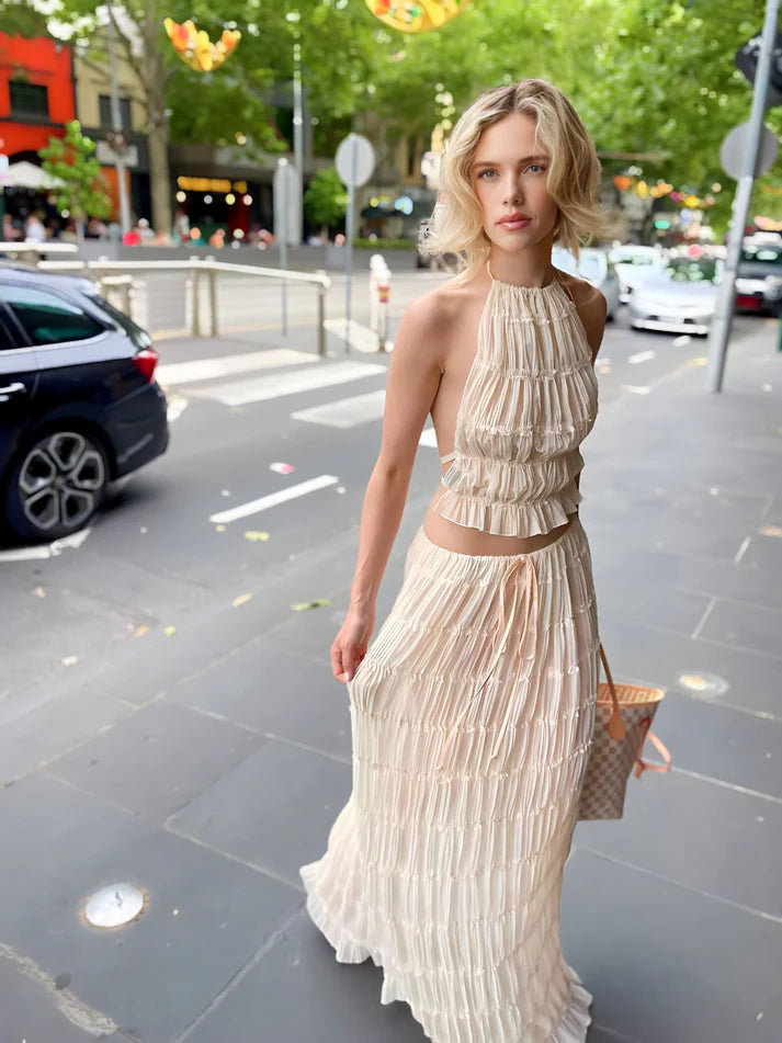 Model wearing Isabella Co-Ord Set – relaxed fit crop top and full-length summer skirt, minimalist solid style by Vespera The Label