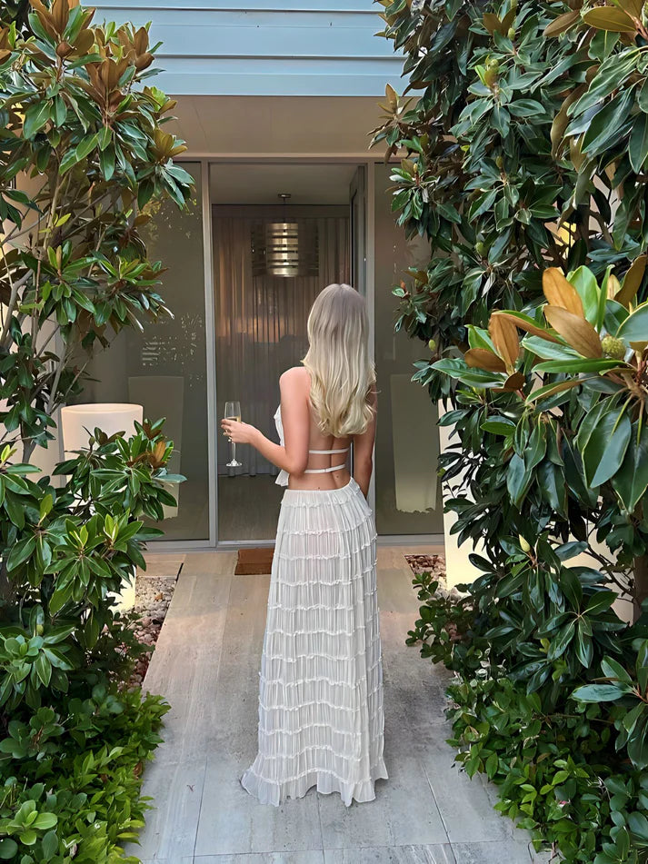 Model wearing Isabella Co-Ord Set – relaxed fit crop top and full-length summer skirt, minimalist solid style by Vespera The Label