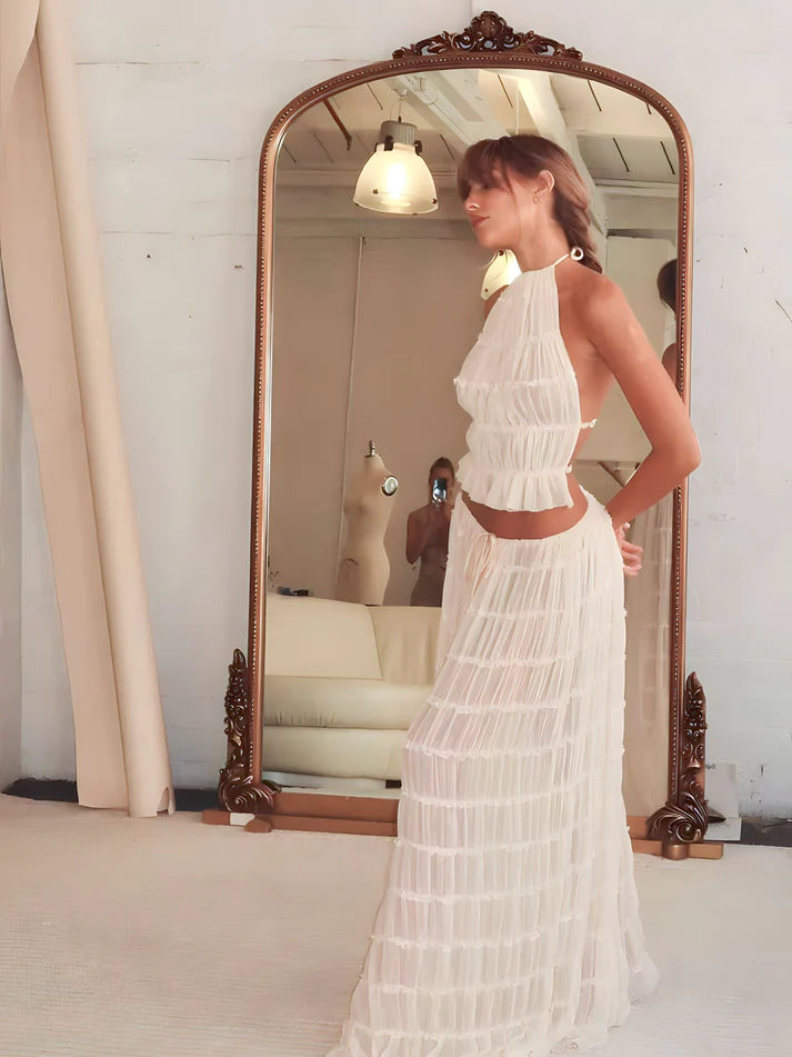 Model wearing Isabella Co-Ord Set – relaxed fit crop top and full-length summer skirt, minimalist solid style by Vespera The Label
