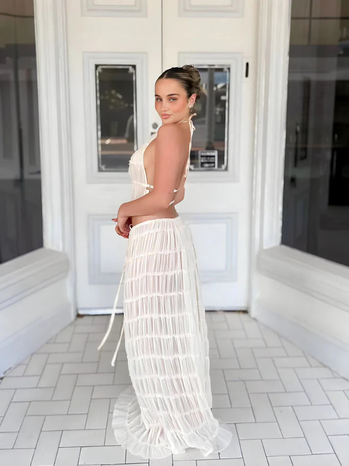 Model wearing Isabella Co-Ord Set – relaxed fit crop top and full-length summer skirt, minimalist solid style by Vespera The Label