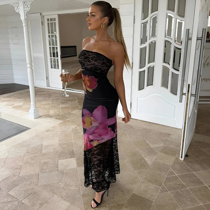 Model wearing Ishna Maxi Dress – fitted patchwork mermaid silhouette dress by Vespera The Label.
