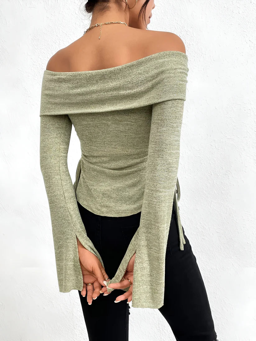 Model wearing Julianna Top – fitted cropped pleated knit top for winter streetwear by Vespera The Label.