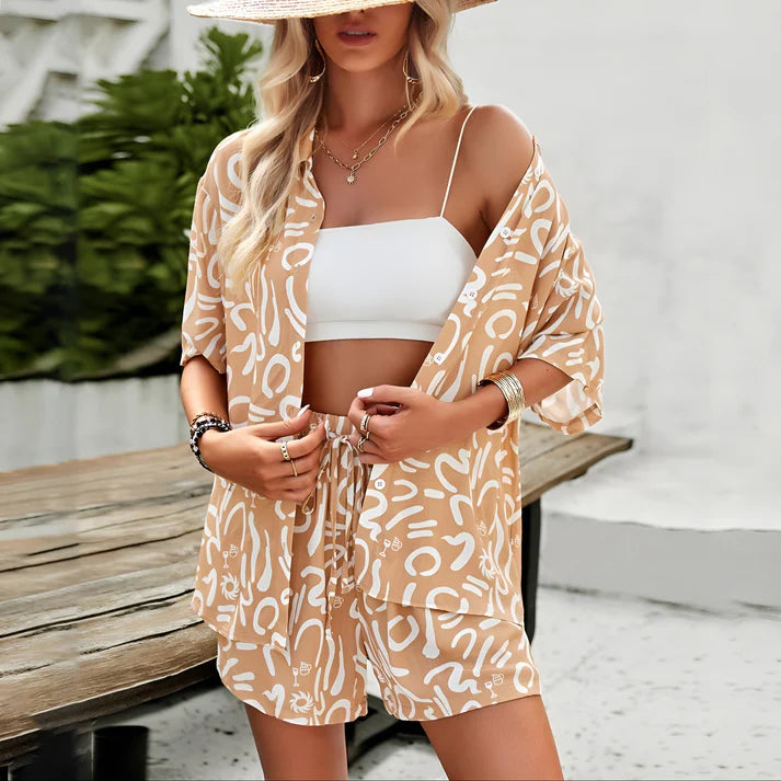 Model wearing Ferri Set – patchwork drawstring pant and retro top matching set, styled for casual summer comfort, by Vespera The Label
