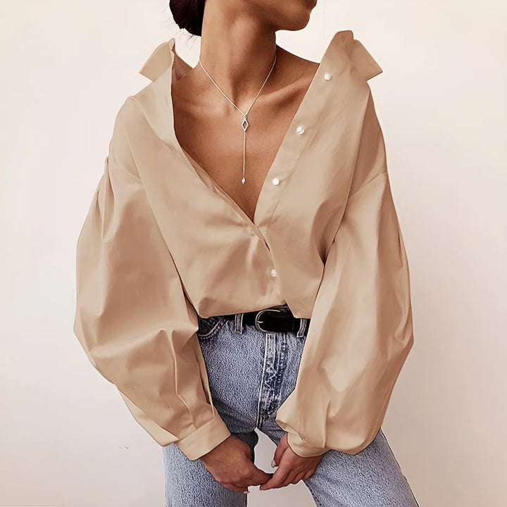 Model wearing Grayz Top – relaxed loose fit polyester blend casual top for summer by Vespera The Label.