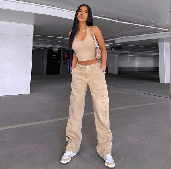 Model wearing Decore Denim Pants – full-length low-rise skinny denim trousers with bloomers silhouette by Vespera The Label