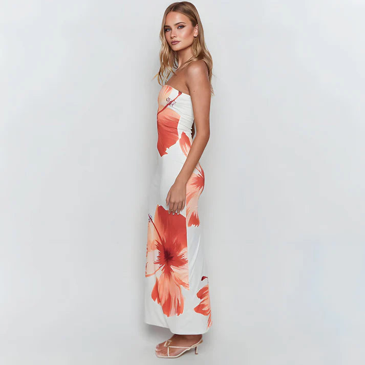 Model wearing Kiara Maxi Dress – printed beach-style A-line maxi dress with stretch by Vespera The Label.