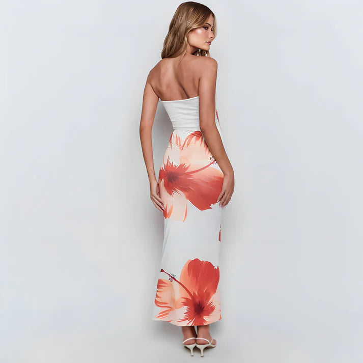 Model wearing Kiara Maxi Dress – printed beach-style A-line maxi dress with stretch by Vespera The Label.