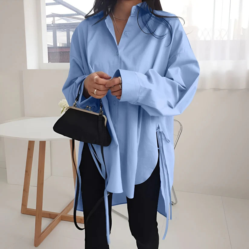 Model wearing Selma Long Sleeve Top – loose, flowy top for women in minimalist autumn styling by Vespera The Label.