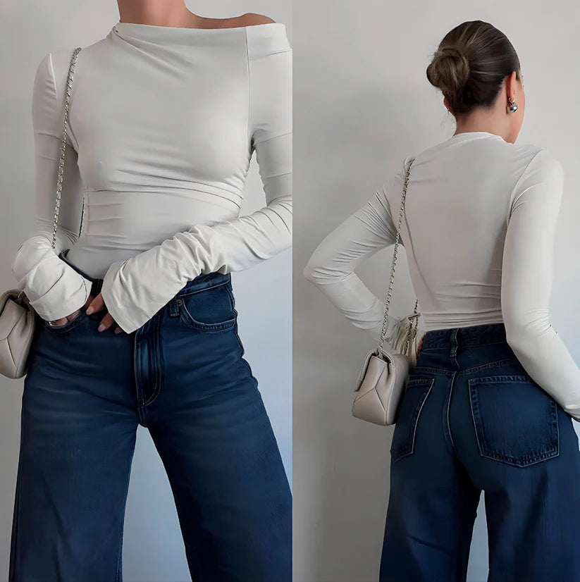 Model wearing Loraine Long Sleeve Top – fitted everyday long sleeve top in a classic silhouette by Vespera The Label.