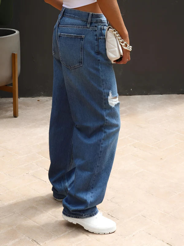 Model wearing Matilda Pants – full-length straight-leg trousers with vintage English style in a mid-rise cut by Vespera The Label
