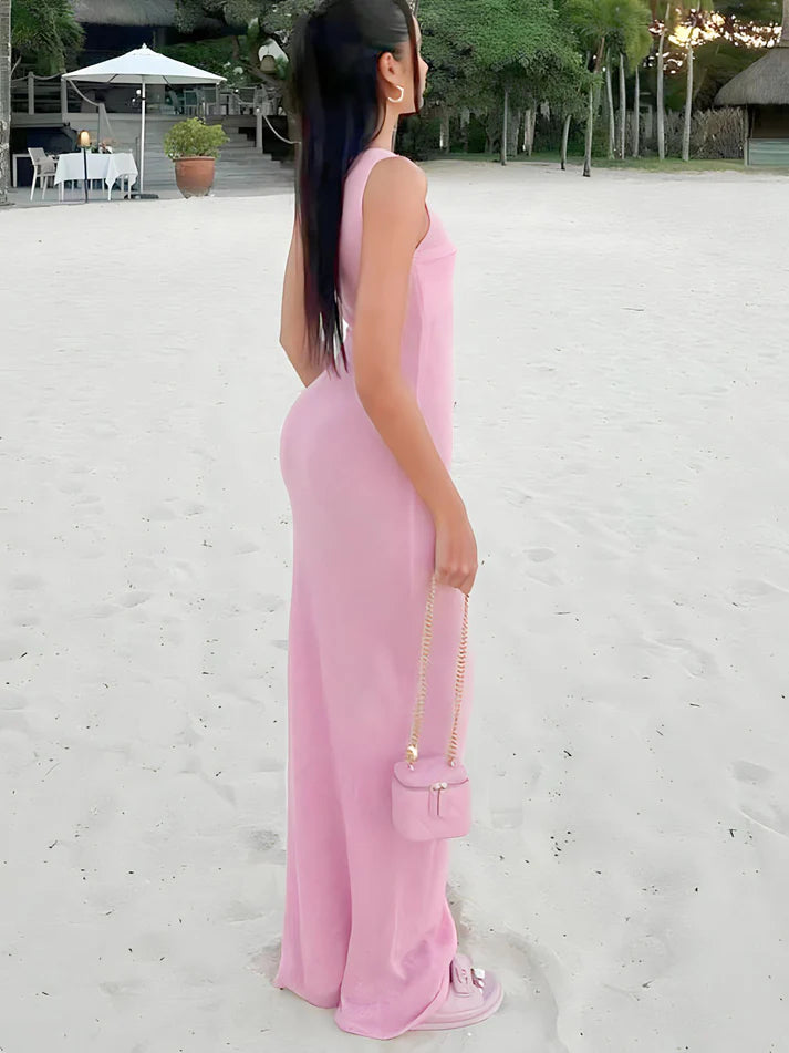 Model wearing Niana Maxi Dress – summer beach-style maxi dress with straight silhouette by Vespera The Label.