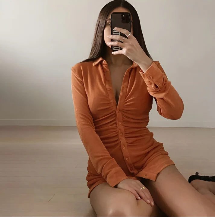 Model wearing Harper Long Sleeve Mini Dress – stretchy sexy sheath mini with empire waist by Vespera The Label.