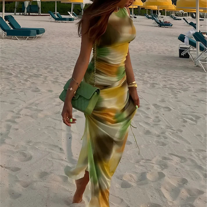 Model wearing Patricia Maxi Dress – minimalist full-length maxi dress in elegant solid tone by Vespera The Label.